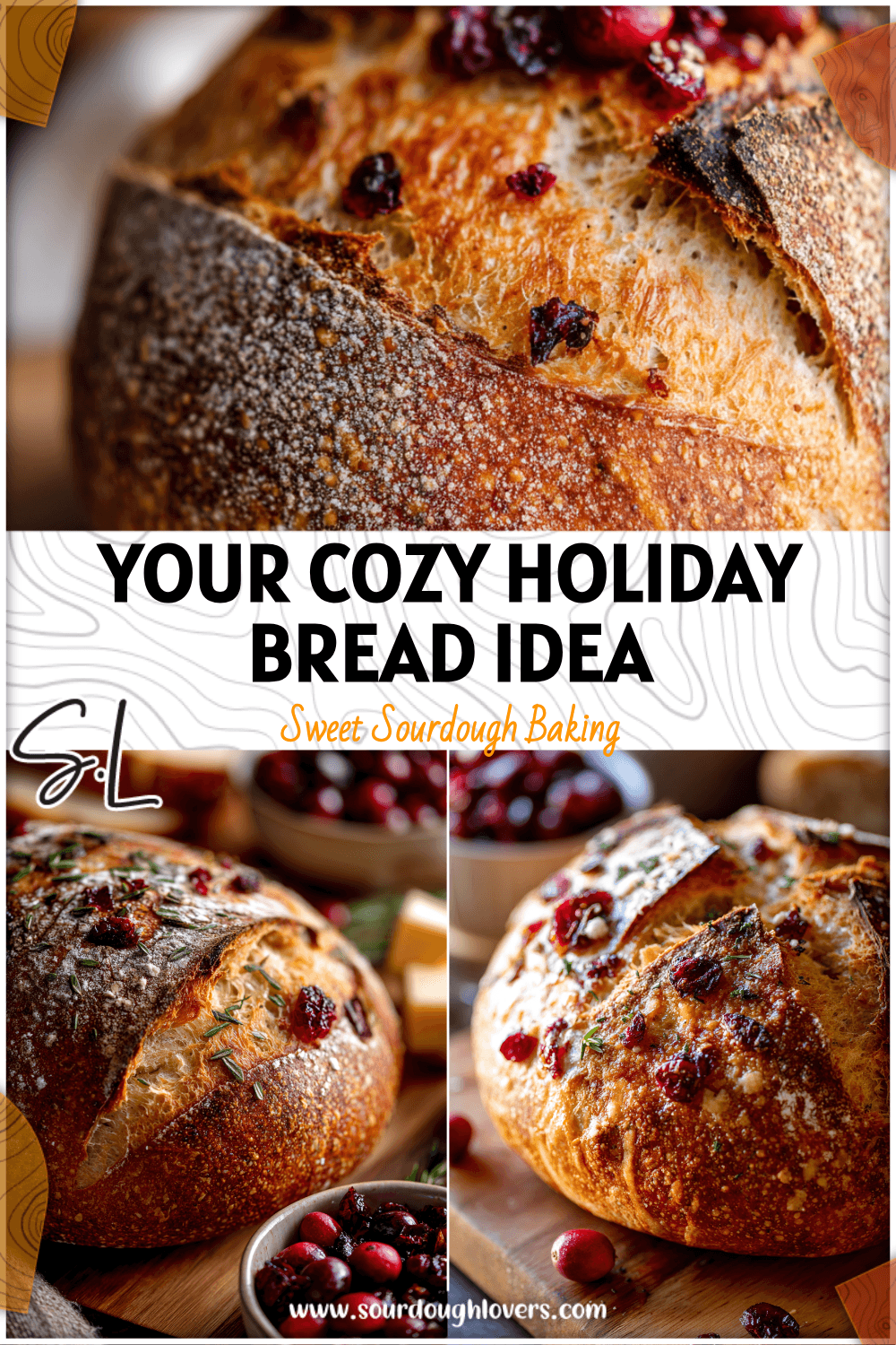 Freshly baked cranberry orange sourdough bread with golden crust and festive holiday appeal on a wooden board. 26
